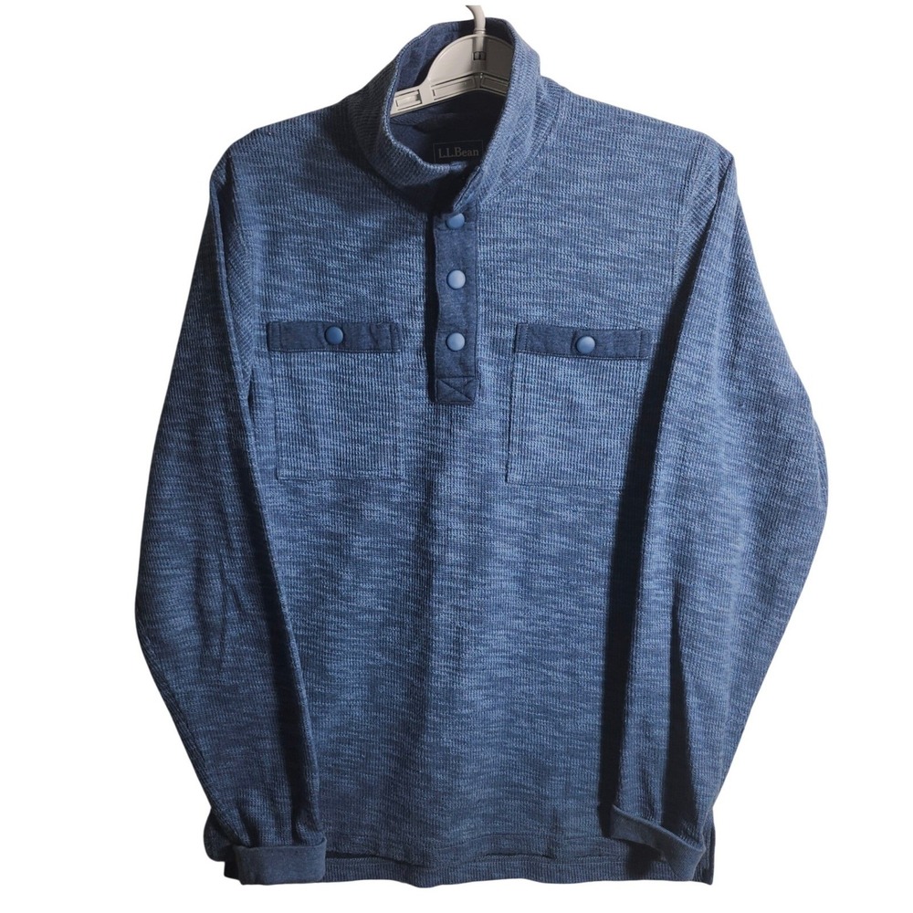 LL Bean Blue Heathered Waffle Knit Snap Closure Mock Neck Pullover Sweater S REG